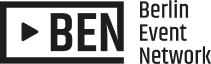 Logo des Berlin Event Network (BEN) mit rechteckigem Symbol und Text in Schwarz.