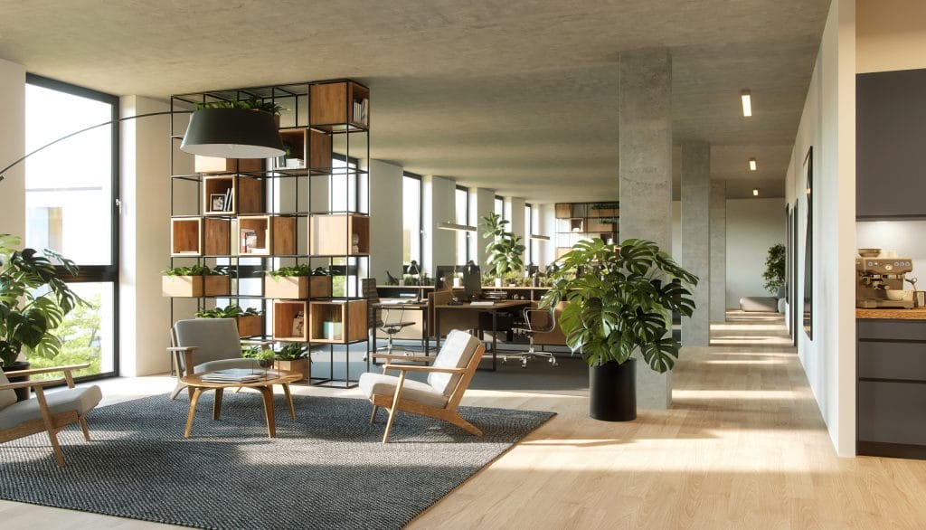 Modernes Büro mit Pflanzen, offenem Design und gemütlicher Lounge-Ecke für kreatives Arbeiten.