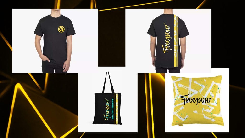 Schwarzes T-Shirt, Tasche und gelbes Kissen mit modernem Freepour-Design und Streifen.