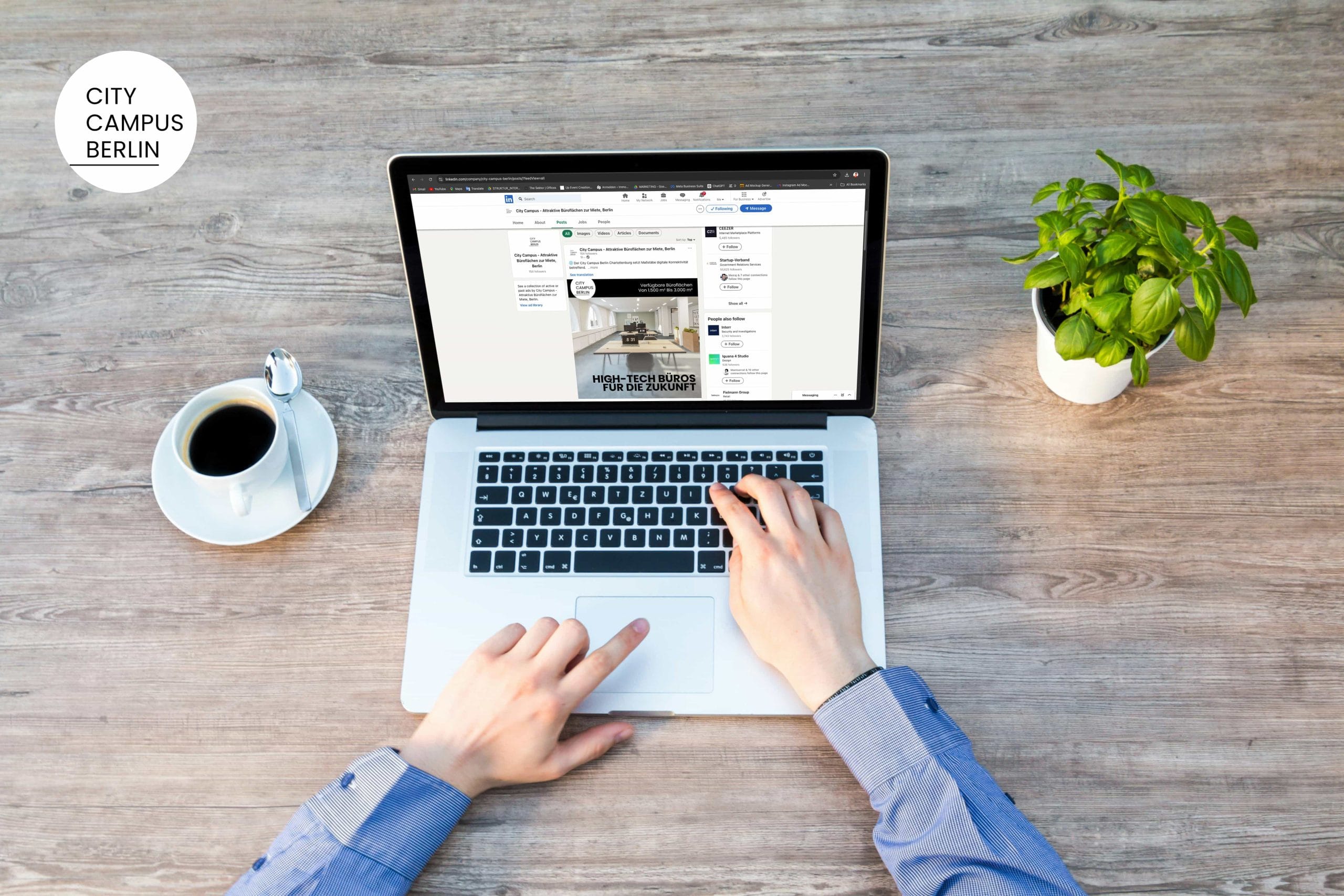 Person tippt auf einem Laptop, mit Kaffee und Pflanze daneben auf Holztisch.